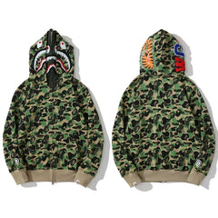 BAPE Style Camo Shark Full-Zip Hoodie - Classic Green