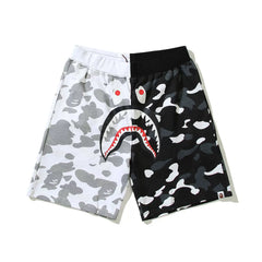 BAPE Style Split-Color Camo Shark Casual Shorts - White/Black