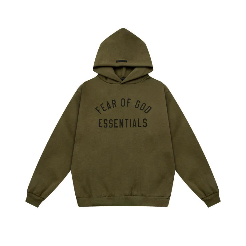 Essentials Fear of God Front Logo Heavyweight Fleece Hoodie – Olive Green / Black