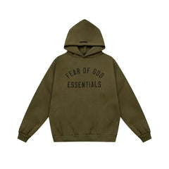 Essentials Fear of God Front Logo Heavyweight Fleece Hoodie – Olive Green / Black