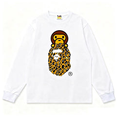 BAPE Style Baby Milo on Leopard Camo Ape Head Long-Sleeve Tee - White/Leopard