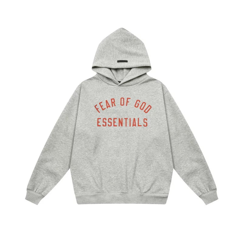 Essentials Fear of God Front Logo Heavyweight Fleece Hoodie – Light Grey / Red