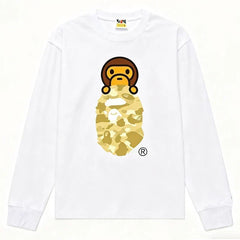 BAPE Style Baby Milo Peeking on Camo Ape Head Long-Sleeve Tee - White/Yellow