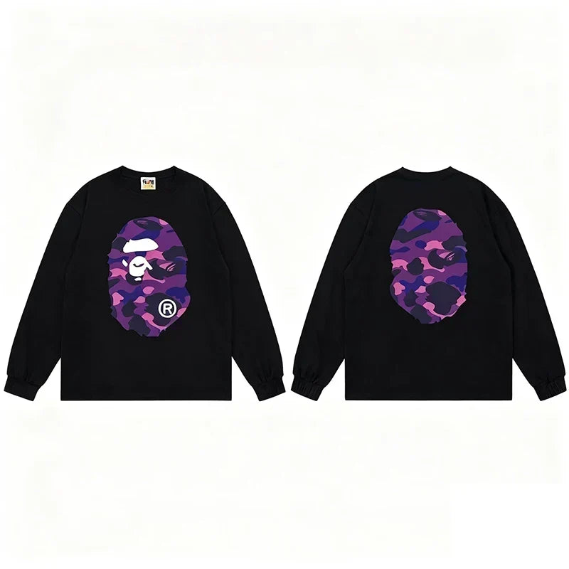 BAPE Style Big Camo Ape Head Long-Sleeve Tee - Black/Purple