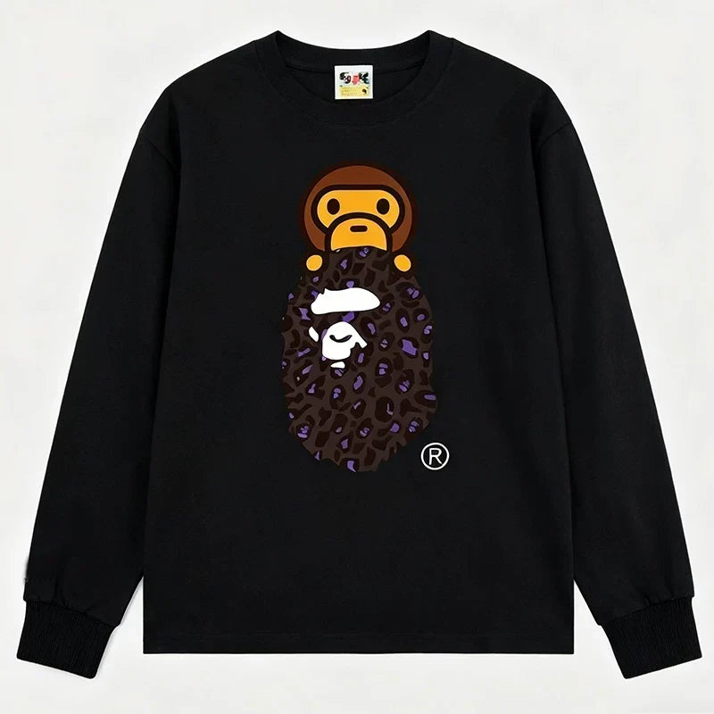 BAPE Style Baby Milo on Dark Leopard Camo Ape Head Long-Sleeve Tee - Black/Dark Leopard