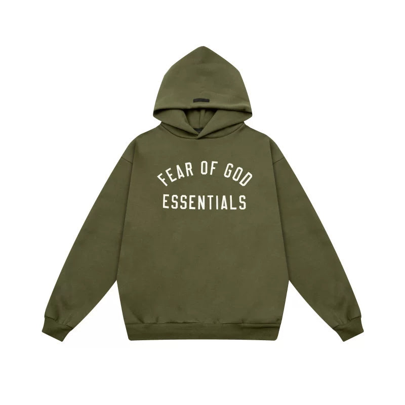 Essentials Fear of God Front Logo Heavyweight Fleece Hoodie – Olive Green / White