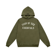 Essentials Fear of God Front Logo Heavyweight Fleece Hoodie – Olive Green / White