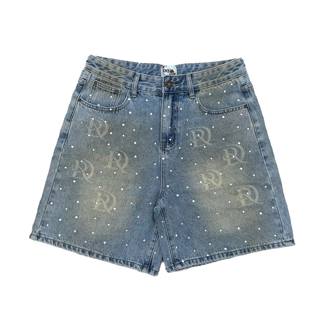 Dry Rot Light Blue Sand Wash Rhinestone Shorts