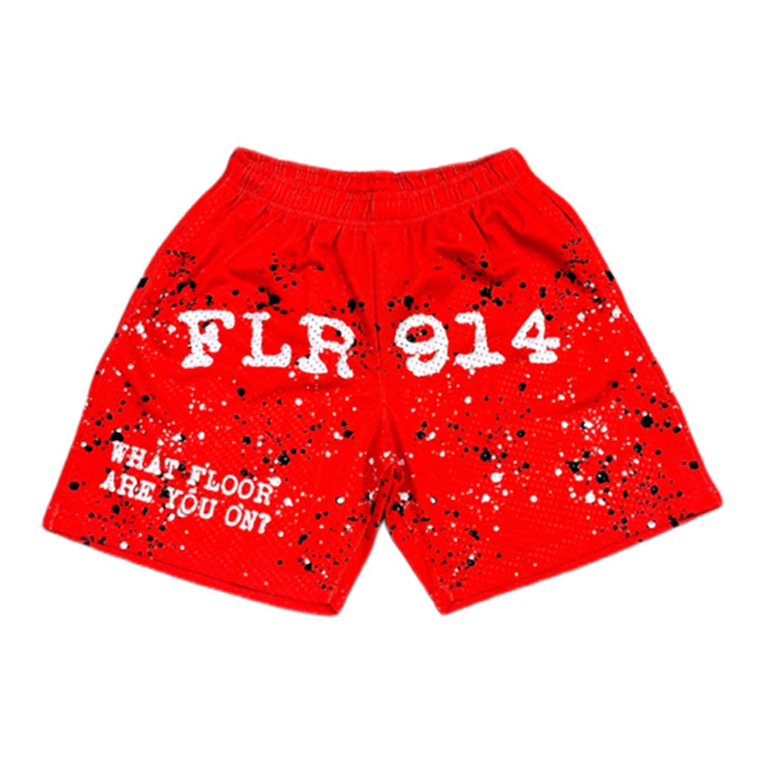 Floor 914 Paint Splatter Mesh Shorts Red