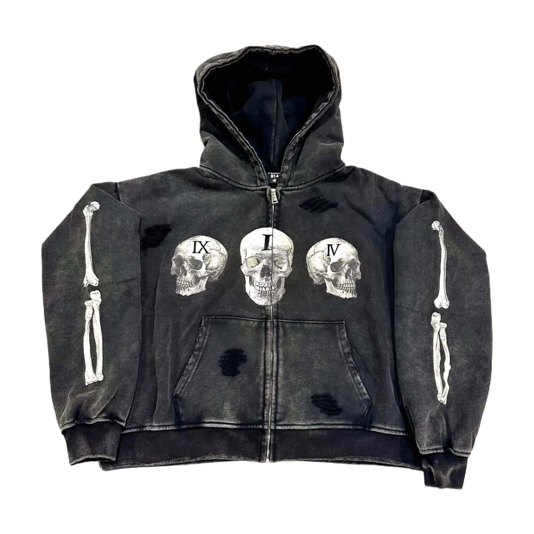 Floor 914 Skull Zip Hoodie Grey Wash