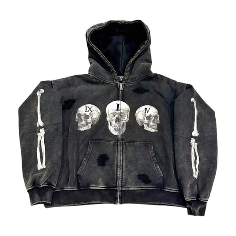 Floor 914 Skull Zip Hoodie Grey Wash