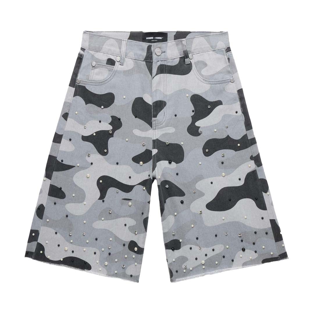 Homme Femme Gemstone Snow Camo Denim Shorts