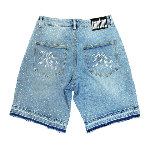 Mixed Emotions ME Rhinestone Denim Shorts Blue