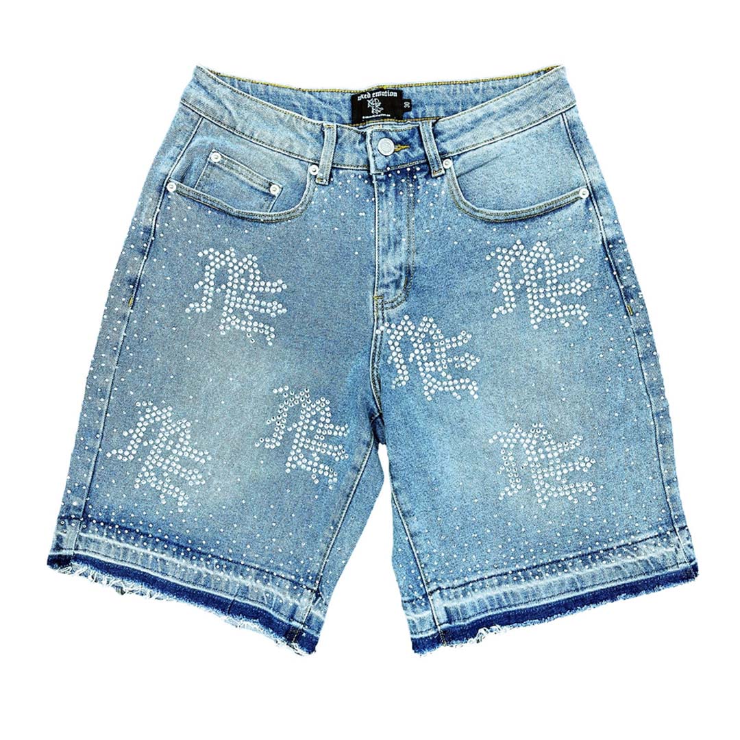Mixed Emotions ME Rhinestone Denim Shorts Blue